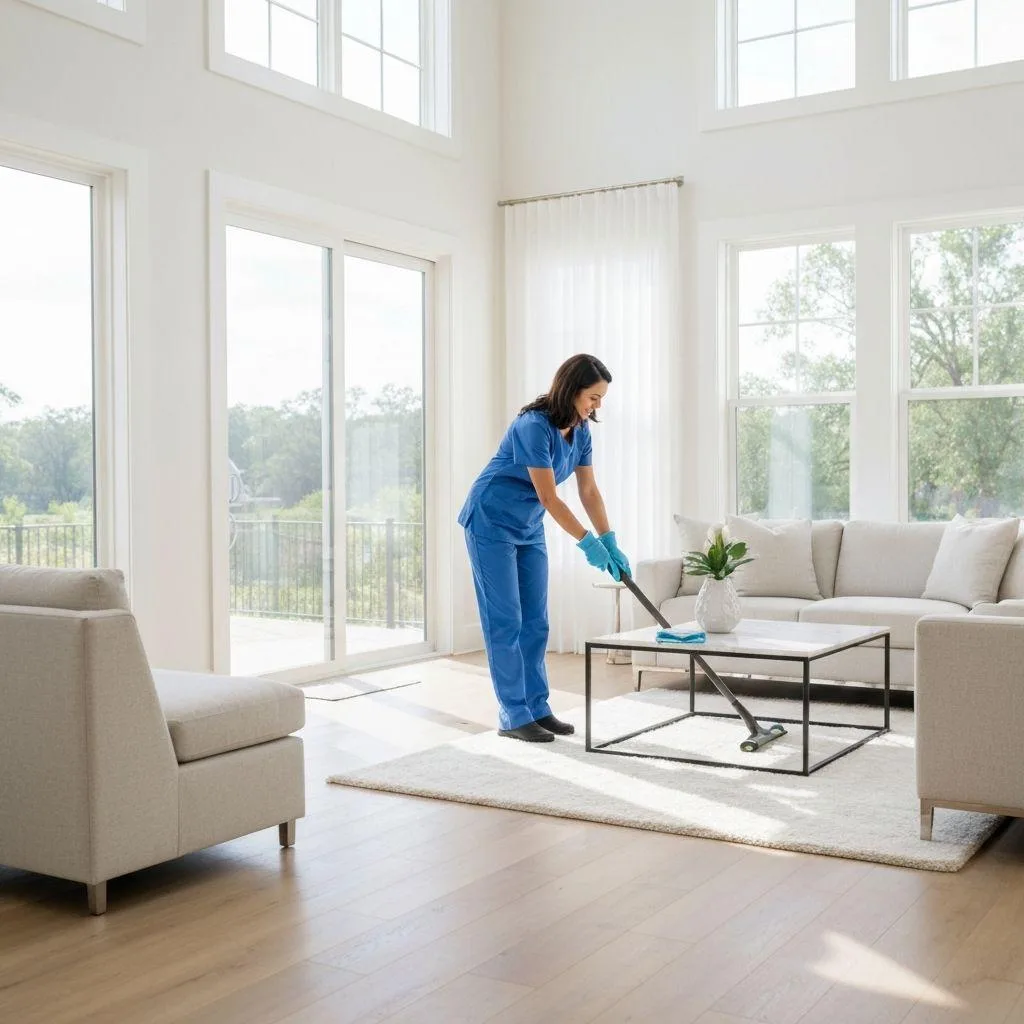 Cleaner mopping the floor of a sunny living room