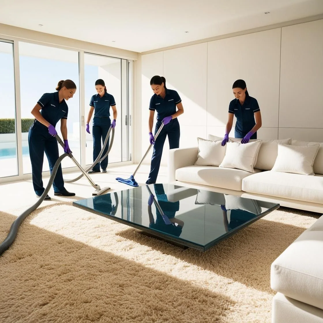 Cleaning team vacuuming and wiping a bright living room